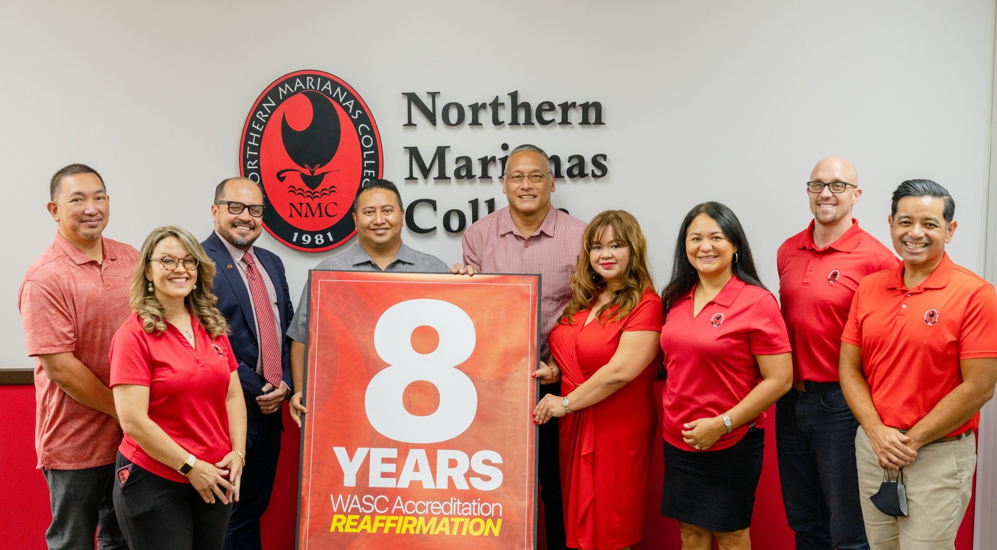 Gov. Ralph DLG Torres, fourth from left, and Northern Marianas College president Galvin Deleon Guerrero, EdD, third from left, are joined by Board of Regents chair Charles Cepeda and other regents and college officials during yesterday’s announcement of the college re-affirmation of its accreditation with the Western Association for Schools and Colleges-Senior College and University Commission. 