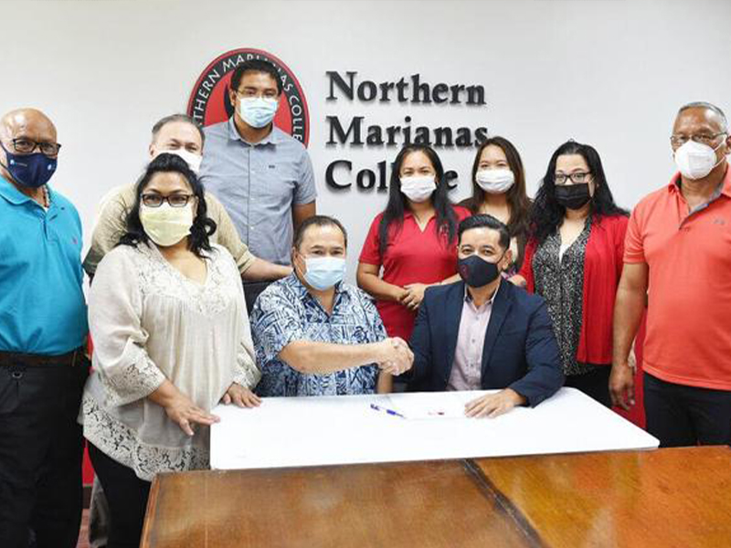 From left, CNMI Board of Education Vice Chairman Herman M. Atalig, outgoing Chairwoman Janice Tenorio, BOE members Andrew Orsini and Antonio Borja, Commissioner of Education Alfred Ada, NMC Regent Irene T. Torres, NMC Interim President Frankie Eliptico, NMC Regents Michelle Lin Sablan and Zenie Mafnas, and NMC Board Chairman Charles Cepeda.