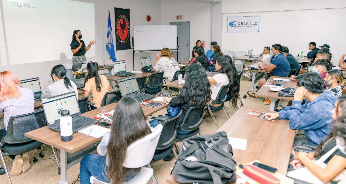 Northern Marianas College Community Development Institute Director MariaValentina Haberman gives a presentation to summer youth employment interns at the Office of the Governor’s Building Optimism, Opportunities and Stability Together (BOOST) Workforce Development Training Program on Wednesday, August 17, 2022.